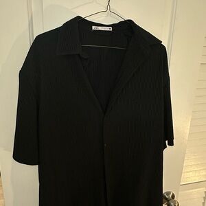Zara Black Ribbed Blouse with Crew Neck